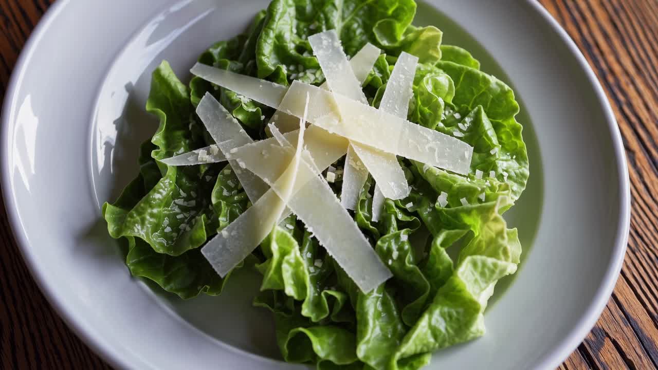 Video con inquadratura dall'alto di un'insalata fresca con lattuga e Parmigiano su un piatto bianco.