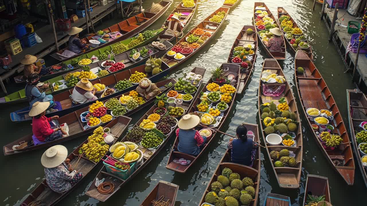Vibrant Tropical Marketplace on Water: Colorful Boats Filled with Fresh Fruits and Vegetables, Creating a Bustling Scene of Local Trade and Culture