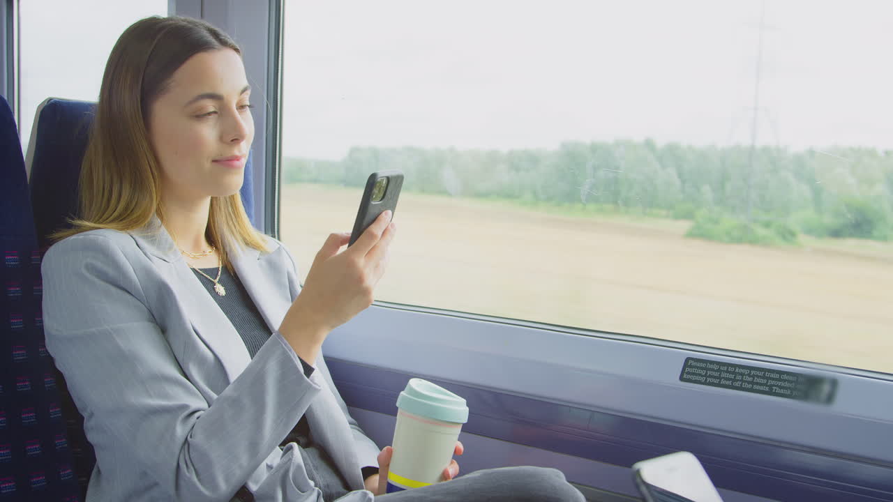 mujer de negocios con café para llevar que viaja a trabajar en el tren mirando el teléfono móvil