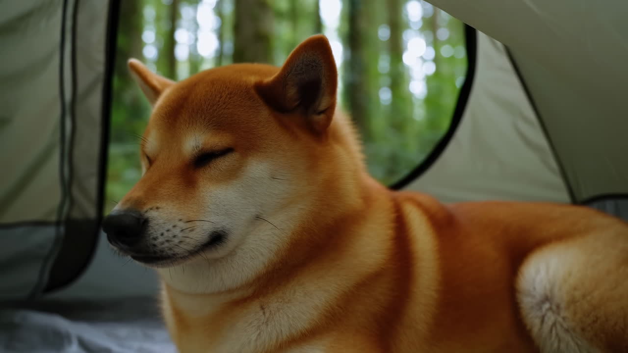 Shiba Inu-hund hviler fredelig inne i et telt i skogen