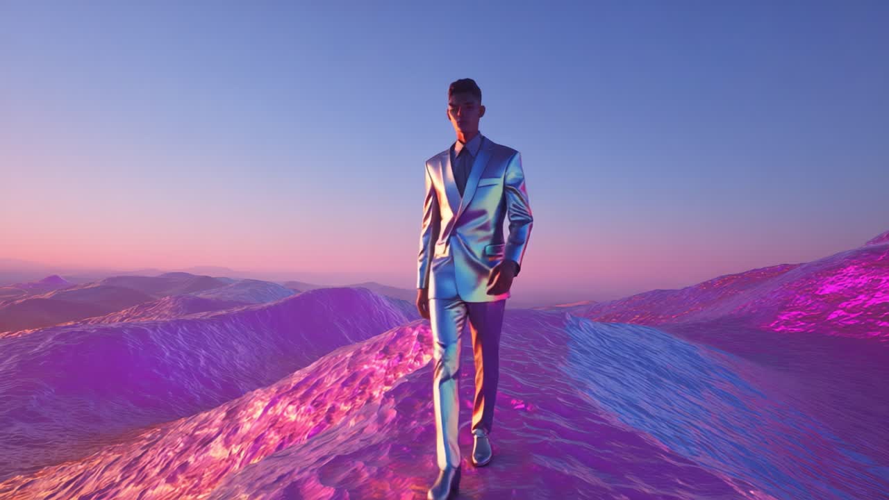 Man in Iridescent Suit Walking on Ocean Waves at Sunset