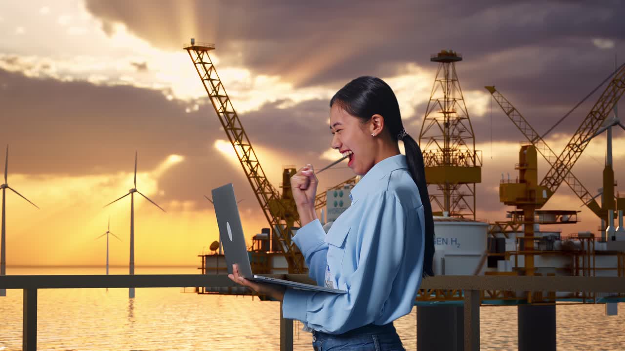 아시아 여성 직업 노동자가 노트북을 들고 서서 해상 수소 생산, 첨단 산업 시설, 그녀는 노트북에 타이핑 한 후 소리 지르는 목표로 주먹을 들어 올립니다.