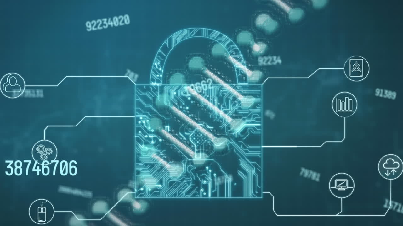 animación de la cadena de adn y el candado sobre fondo azul