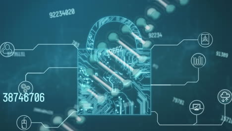 animación de la cadena de adn y el candado sobre fondo azul