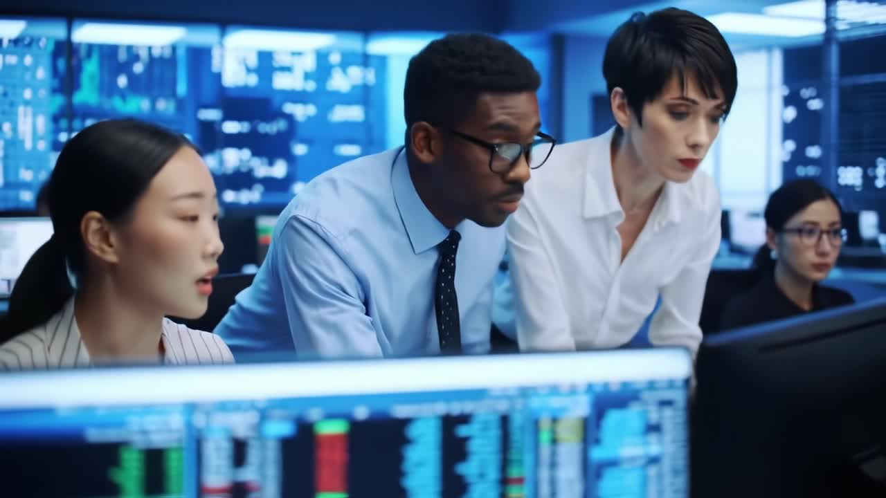 Team of Analysts Collaborates in a High-Tech Data Center, Analyzing Visualized Financial Information on Multiple Monitors with Focused Expressions