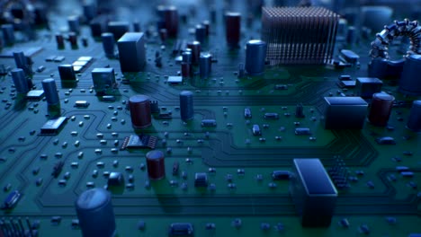 beautiful flight over the circuit board. looped 3d animation of motherboard with dof. technology and digital concept.