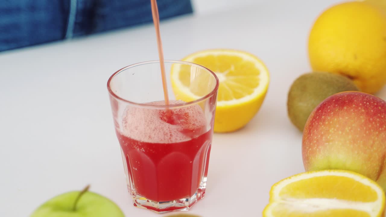 Fresh grapefruit juice is poured into a glass. Fruits on the kitchen table
