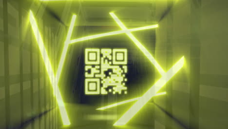 animation of qr code, neon lines, data processing over servers