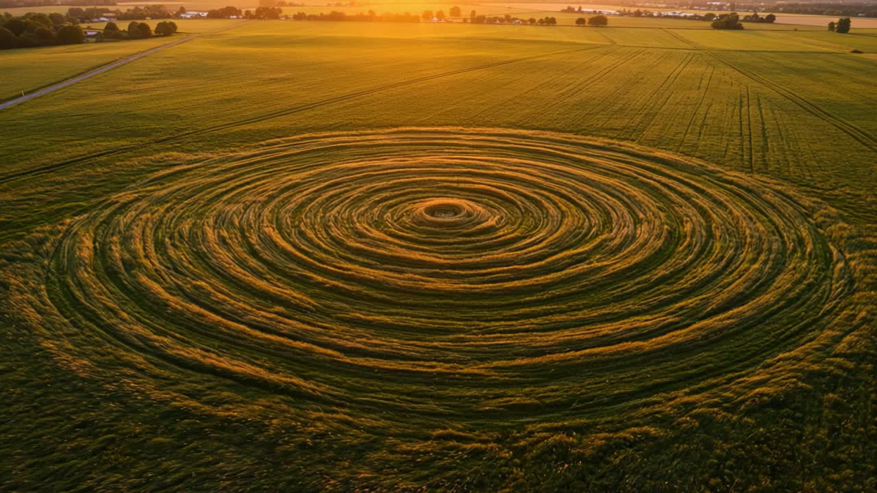 Aerial View of a Majestic Circular Crop Formation at Sunset: Intricate Patterns Reflecting Nature's Beauty and Design in the Golden Light of Dusk