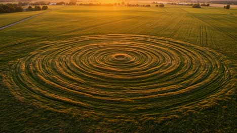 aerial view of a majestic circular crop formation at sunset: intricate patterns reflecting nature's beauty and design in the golden light of dusk