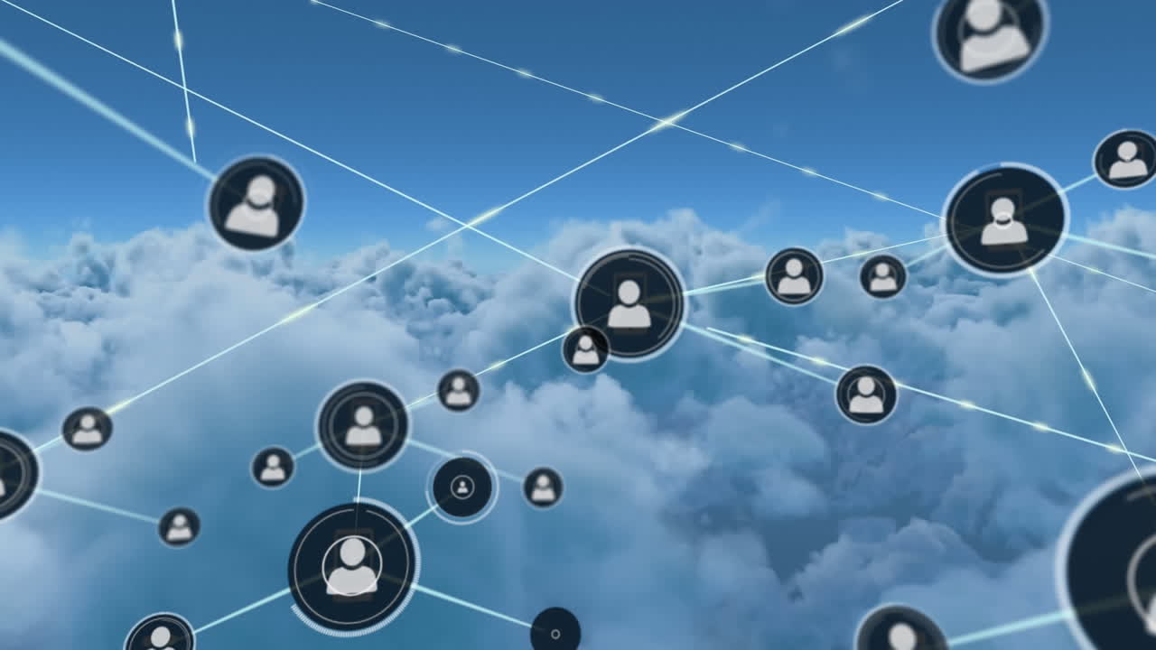 Animation of network of connections with people icons on clouds and blue background