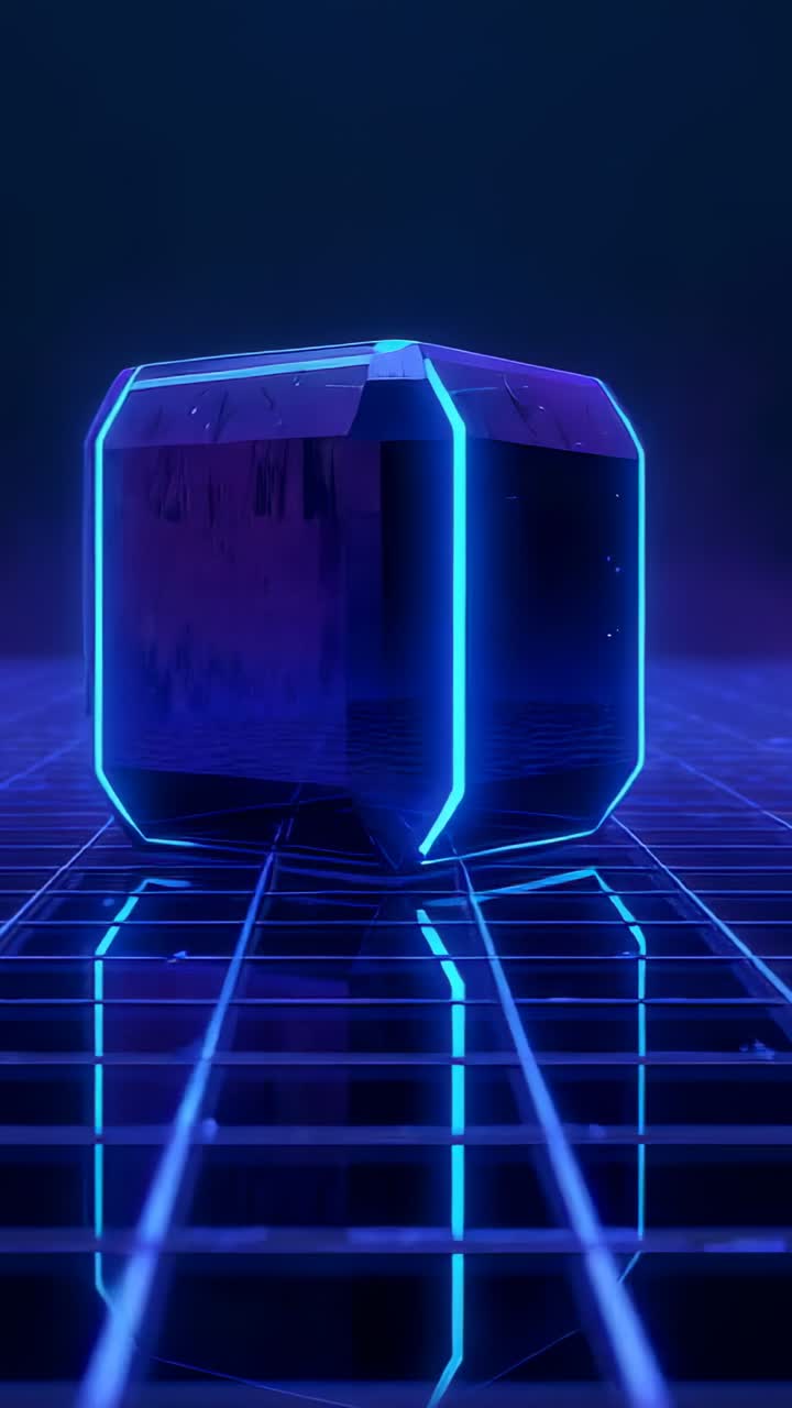 Vertical video: Pulling back camera revealing faceted cube rotating on neon grid, cyan seams, haze