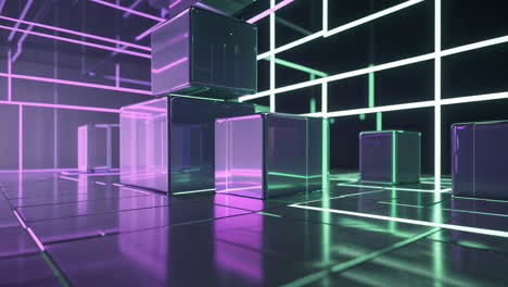 abstract futuristic neon grid with reflective cubes