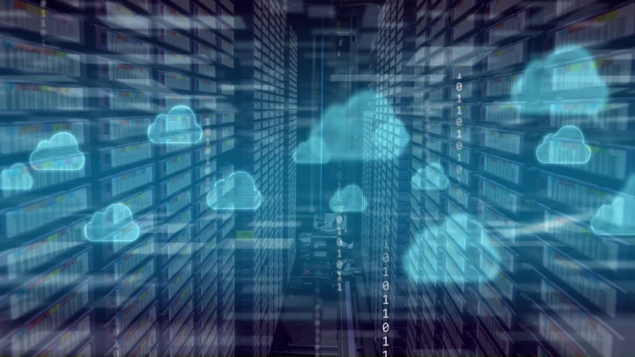 Animation of clouds and binary data over server room