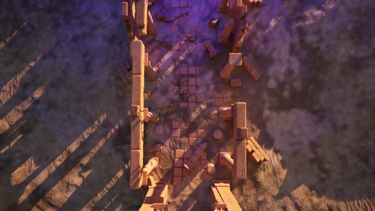 A UFO casting colorful lights, hovering above ancient temple ruins in the desert on sunset, with an alien standing idle at the end of the temple and looking, 3D animation, top view
