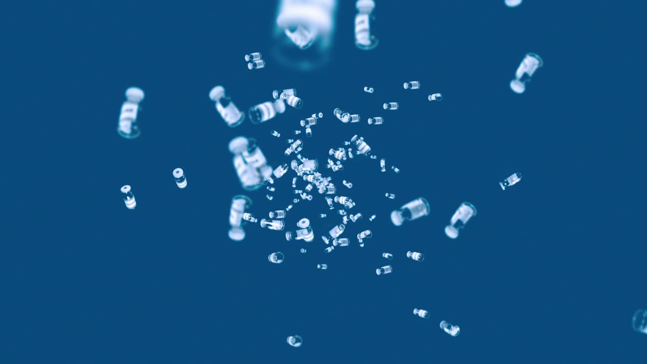 파란색 배경에 많은 백신 병을 날려. 의학 개념. 바이러스 치료. 투명한 액체. 백신의 3d 루프 애니메이션.