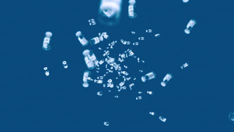 volando muchas botellas de vacunas en fondo azul. concepto médico. cura de virus. líquido transparente. animación de bucle 3d de vacunas.