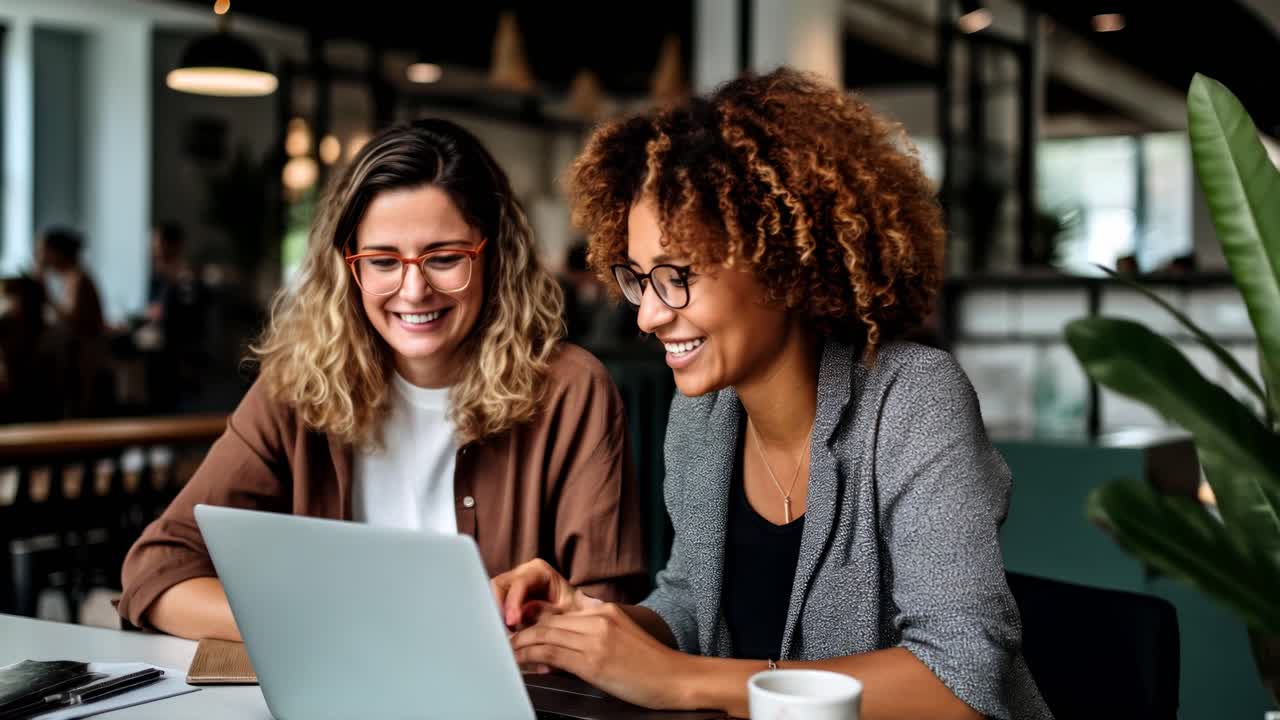 Due donne che sorridono davanti a un laptop in un ufficio moderno, riprese di lato.