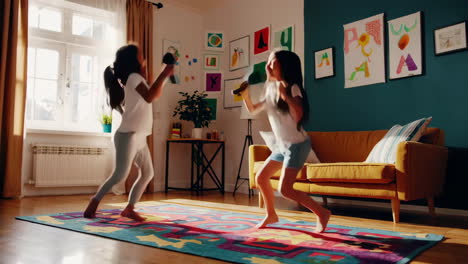 two girls play karaoke and sing at home