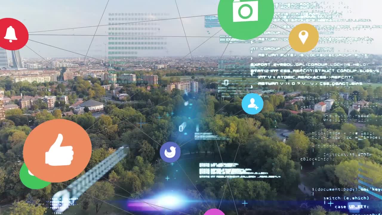 연결 아이콘의 웹과 도시의 공중 전망에 대한 데이터 처리