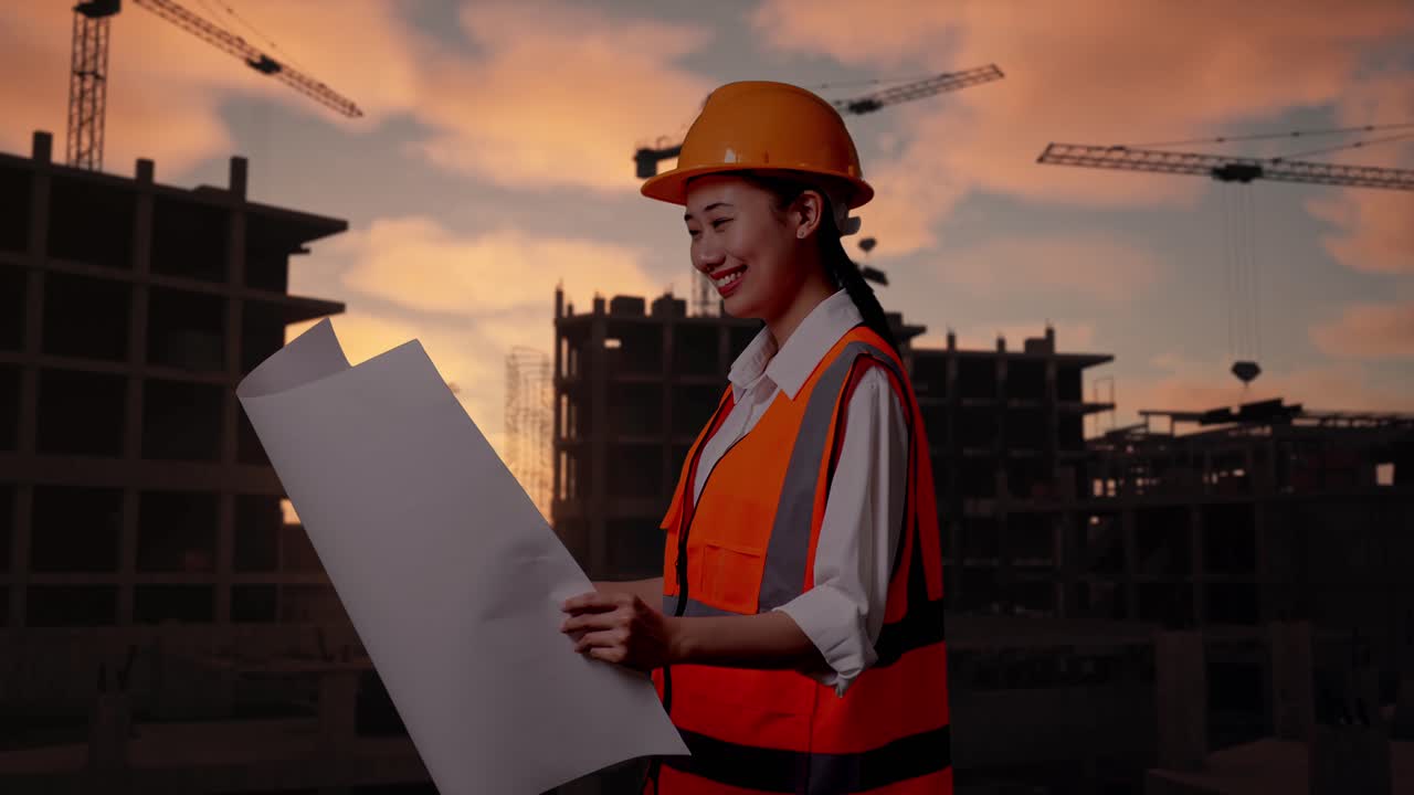 Side View Of Asian Female Engineer With Safety Helmet Looking At Blueprint In Her Hands While Standing At Construction Site in Progress to New House