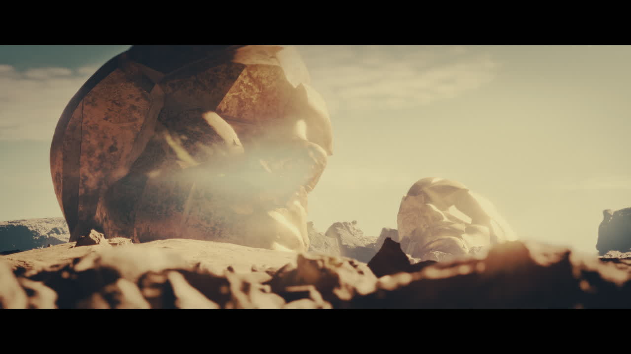 Huge golden statues in the desert during sunset