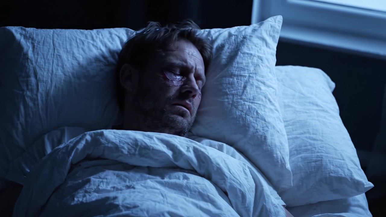 Una mente atormentada: la lucha de un hombre con la inquietud y la agitación interna en un dormitorio con poca luz por la noche