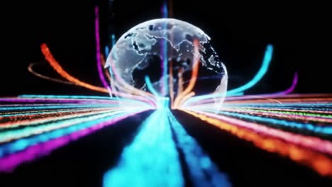 a stunning animation showcases a digital world where vibrant energy waves radiate from a globe, illustrating dynamic global connectivity. bright colors intertwine, representing communication.