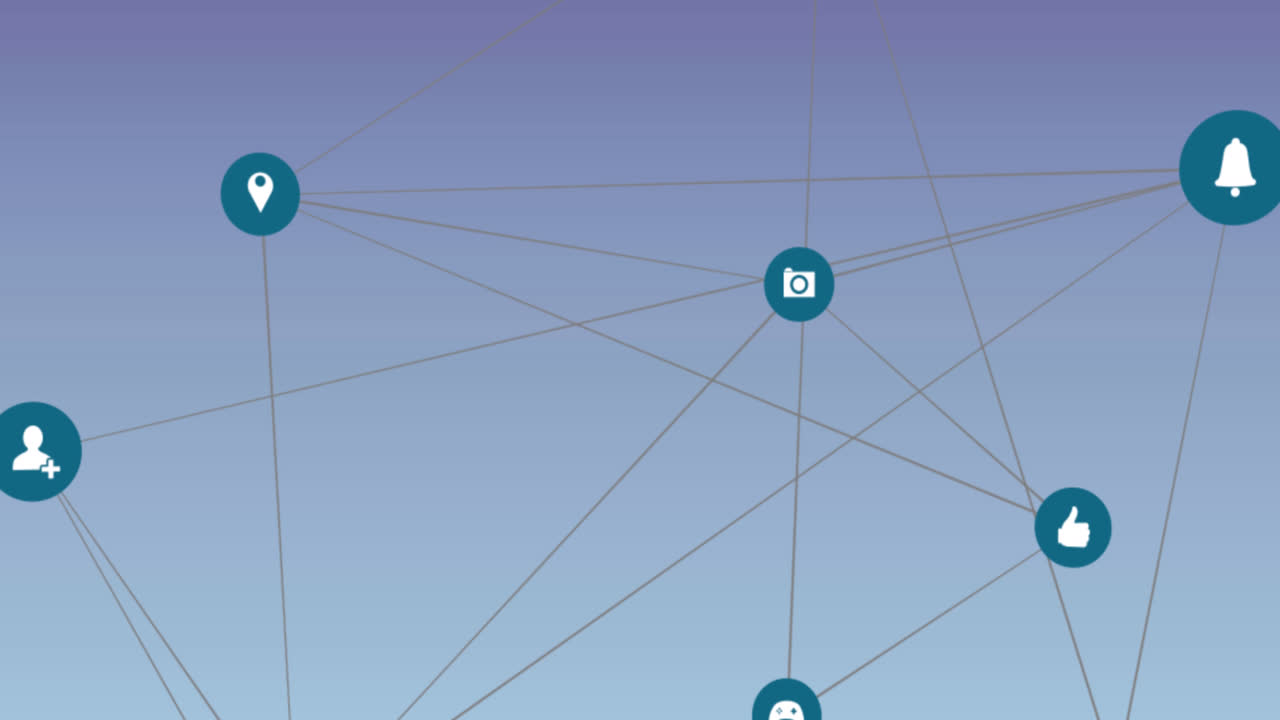 animación de la red de conexiones con iconos de medios sobre fondo azul