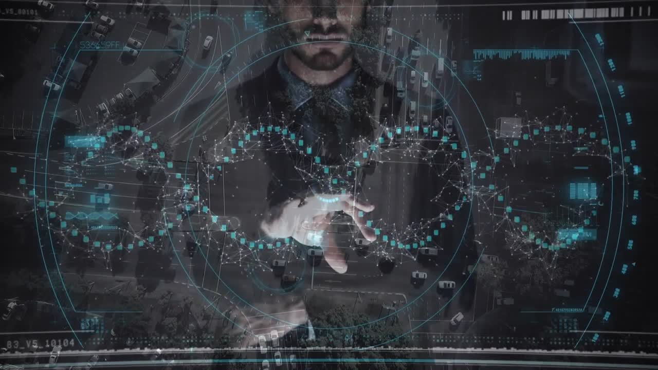 animación del procesamiento de datos sobre el hombre que usa auriculares vr