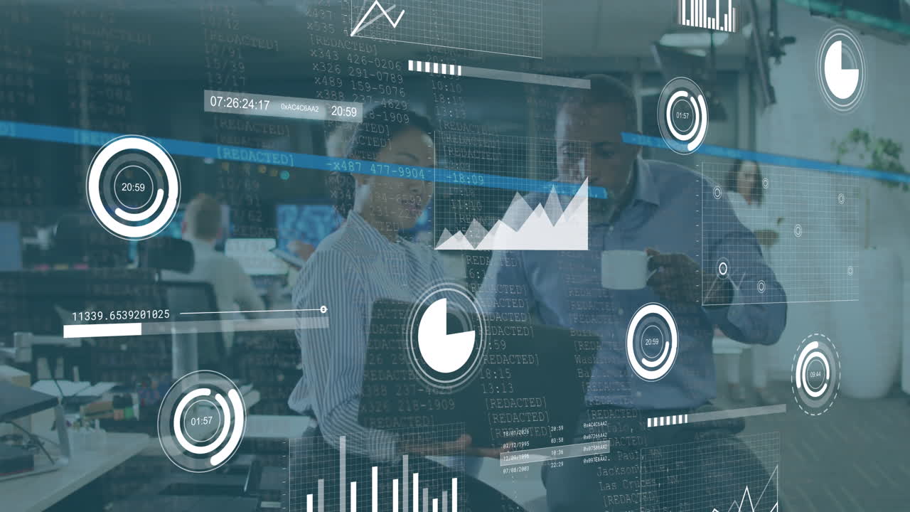 Animation of financial data processing over diverse business people in office