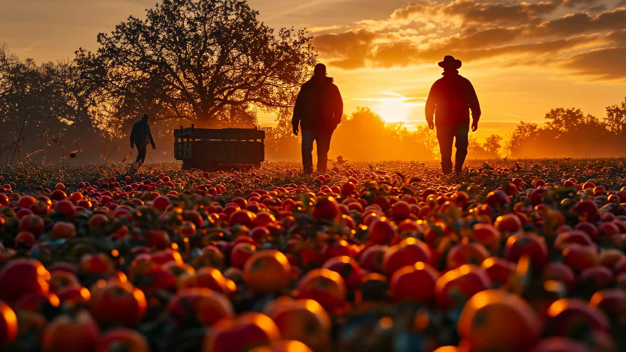 Sunset apple harvest. Workers gather apples in a field at sunset, surrounded by a vibrant landscape filled with red fruit