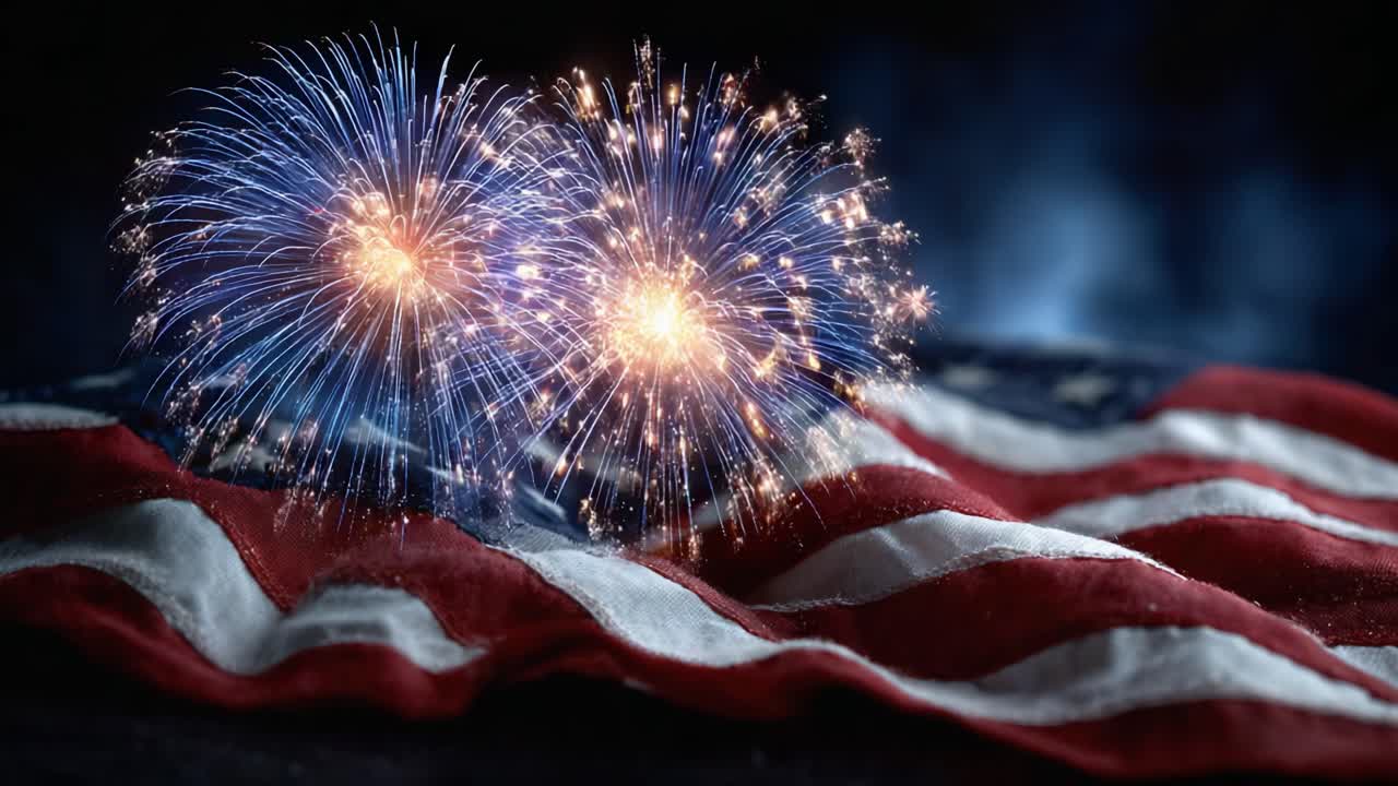 A Captivating Display of Fireworks Against the Backdrop of an American Flag, Celebrating National Pride and Joyful Festivities Under the Starry Night Sky