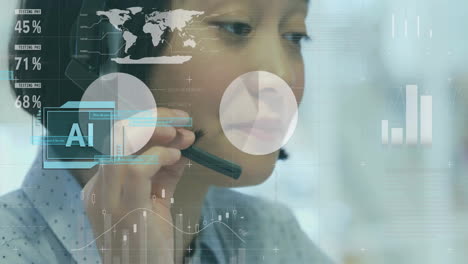animación de un texto y procesamiento de datos sobre una mujer biracial con auriculares de teléfono