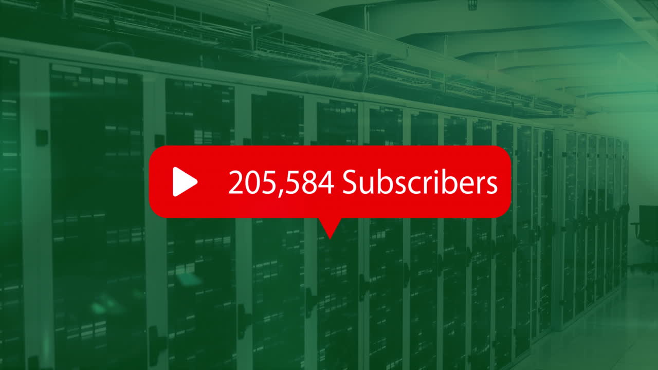 Animation of subscribers text and digital data processing and 6g text over computer servers