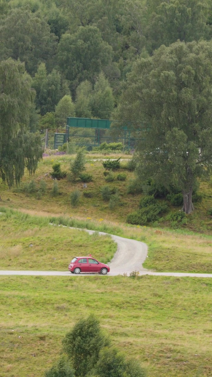 Un'auto compatta rossa guida su una strada rurale tortuosa attraverso un lussureggiante paesaggio verde delle Highlands, di giorno