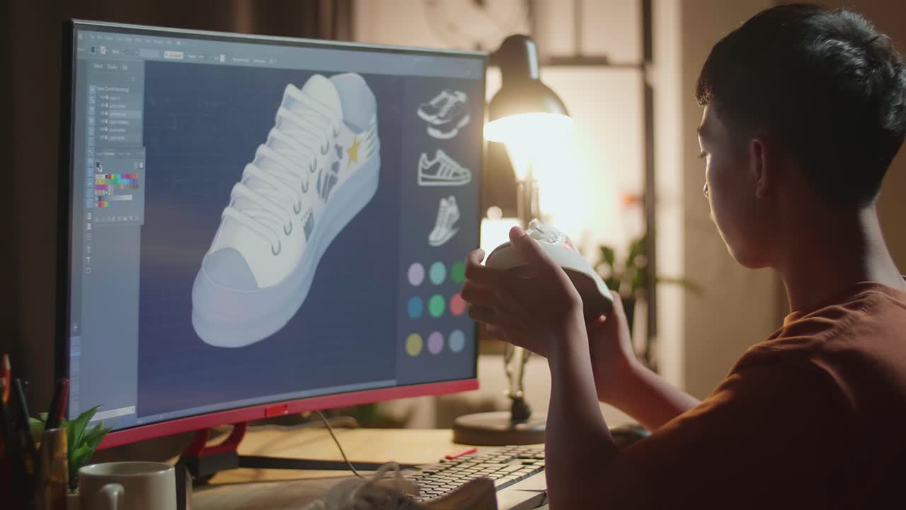 컴퓨터로 신발을 디자인하는 젊은이
