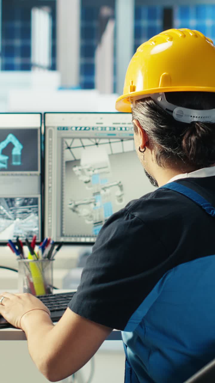 Vertical Video Photovoltaics Factory Engineer Using Pc To Test Robot Arms Solar Panels