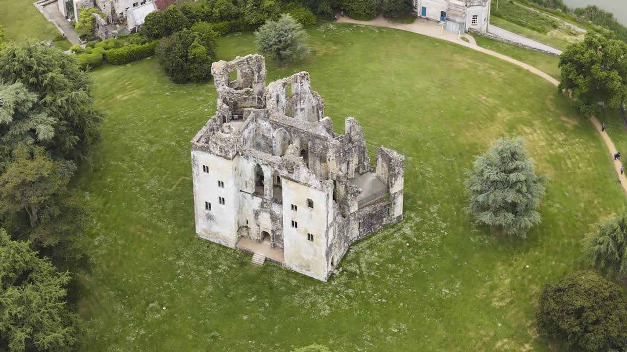 Aerial view of Old Wardour Castle in Wiltshire, England, reveals majestic remnants of medieval architecture