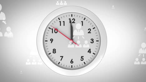 Animation-Von-Personensymbolen,-Die-Sich-über-Der-Uhr-Vor-Weißem-Hintergrund-Nach-Oben-Bewegen,-Kopierraum