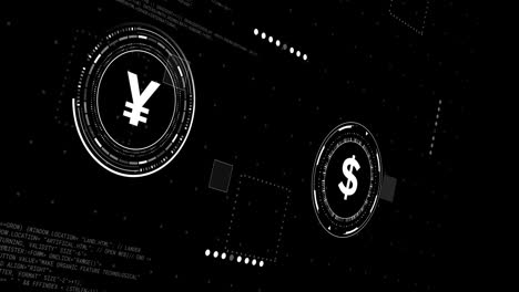 animation of currency icons with data processing over black background