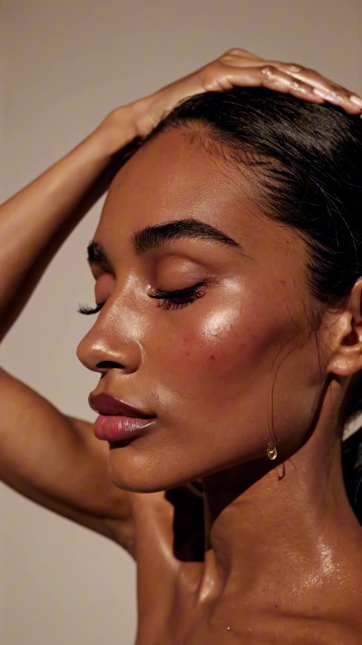 Primo piano del profilo laterale di una donna con pelle luminosa, capelli setosi e orecchino d'oro, catturato con illuminazione calda