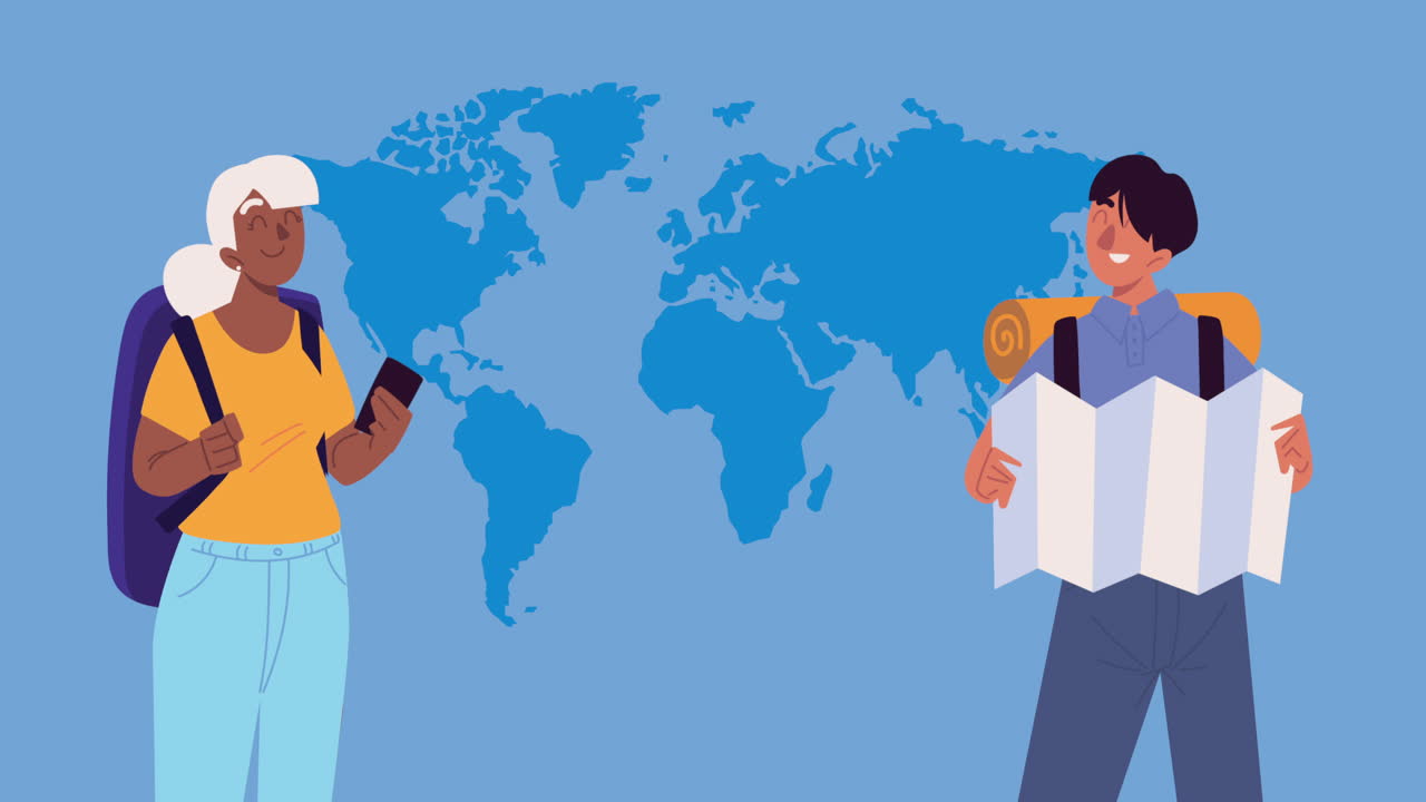 joven pareja de viajeros con mapas de la tierra