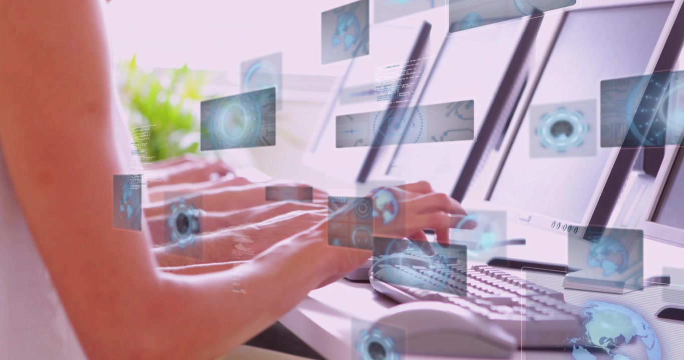 Hands typing and initiating holographic icons floating, swirling then fading for displaying data
