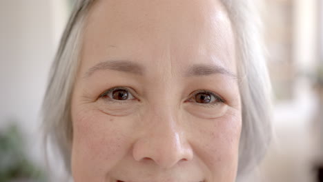 smiling elderly asian woman with gray hair, close-up of face and eyes