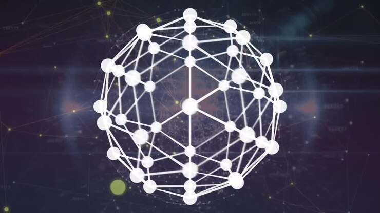 Animation of network of connections and icons over dark background