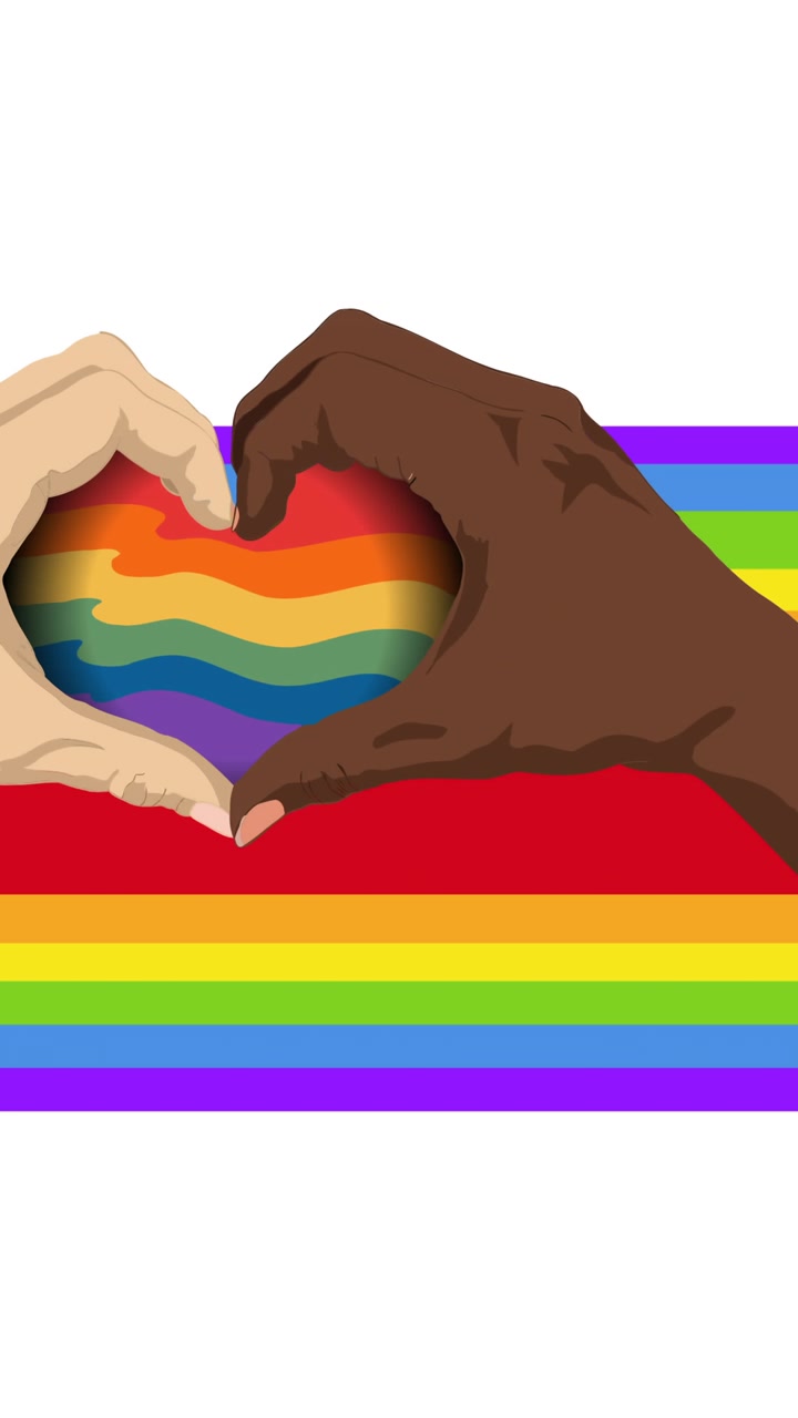 Animation of diverse hands making heart symbol over rainbow colors stripes on white background