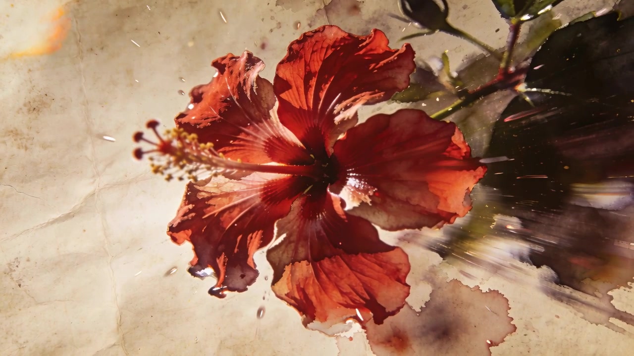 Luce mutevole che rivela un fiore di ibisco rosso con stami su carta color crema, con goccioline che si formano e lasciano striature.