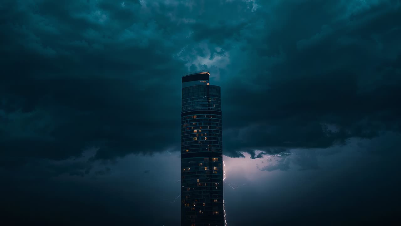 Flashing lightning bolts illuminating round skyscraper at night during storm, revealing lit windows