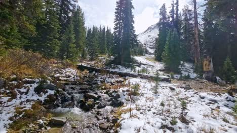 Vista-Aérea-De-Un-Pequeño-Río-En-Las-Montañas-De-Colorado-Durante-El-Invierno